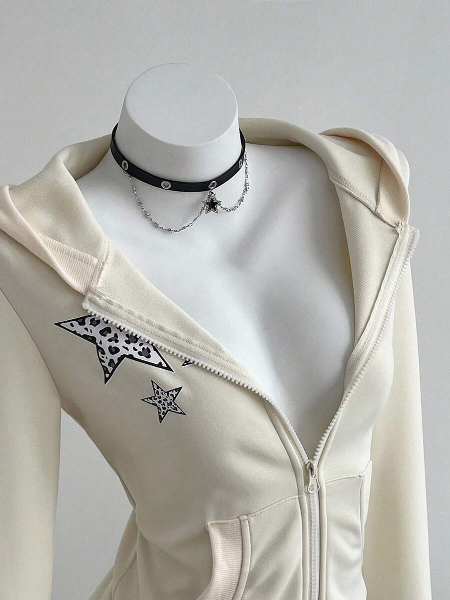 Elamini Women's Leopard Print & Star Graphic Zip-Up Sweatshirt, Casual For Autumn - Apricot - View 1