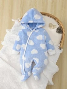 新生女婴可爱粉色心形羊毛连帽长袖连脚连体衣，秋冬婴儿睡衣 - 藍色 - 查看 3