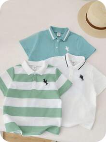 SHEIN 3 件套年轻男孩休闲运动学院风图案圆领短袖 Polo 衫套装，适合日常穿着、上学、户外活动、春夏季节 - 薄荷綠 - 查看 1