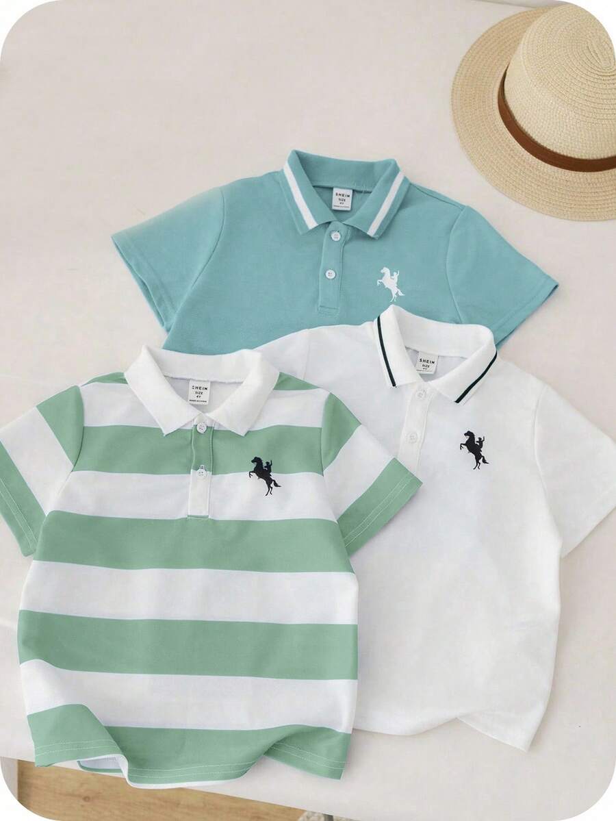 SHEIN 3 件套年轻男孩休闲运动学院风图案圆领短袖 Polo 衫套装,适合日常穿着、上学、户外活动、春夏季节 - 薄荷綠 - 查看 1
