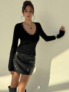 Aloruh Damen Sexy Tiefer V-Ausschnitt Slim Fit Langarm Strickpullover, schick und minimalistisch für Ausgänge, Herbst/Winter - Schwarz - Übersicht 1