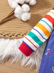 SHEIN Babygirl 牛仔夏季可爱条纹盖袖上衣和松紧腰短裤套装 - 藍色 - 查看 5