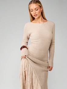 MISSGUIDED 长袖罗纹针织连衣裙，冬季及地长款，流苏下摆细节，优雅晚宴派对假日正式礼服，毛衣连衣裙，秋季时尚 - 杏色 - 查看 5