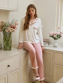 Snug Reverie Soft Texture Knit Frill Trim Open Front Long Sleeve Top & Pants Lounge Set Cozy Outfit, Fall Winter Clothes - Pink - View 5
