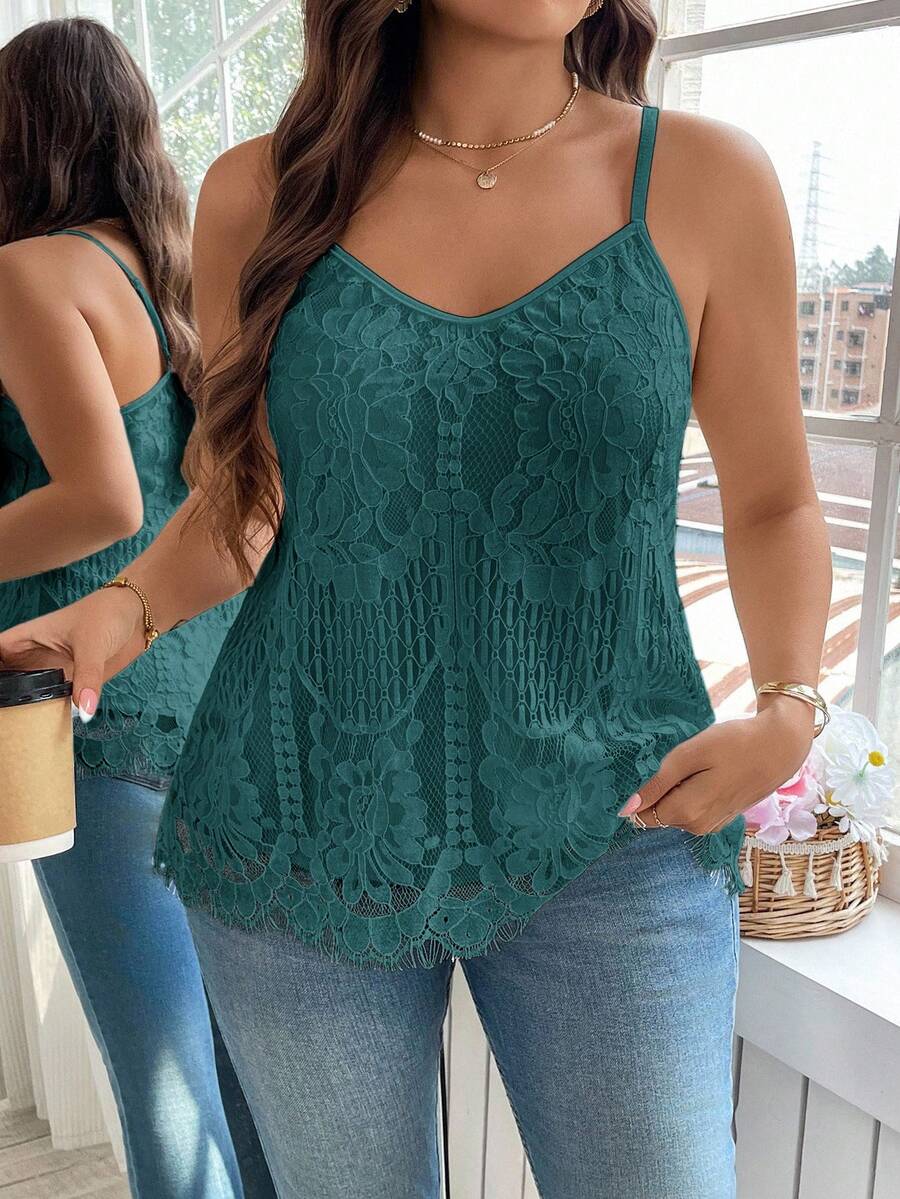 SHEIN Clasi Camisola de renda elegante de cor sólida plus size - Verde escuro - Ver 1
