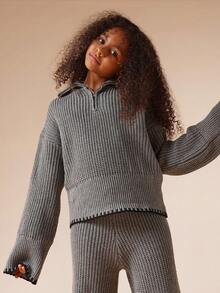 SUMWON Ribbed Knit Half Zip Co-Ord Set Quarter Zip Pullover Wide Leg Pants Wear Fall Winter Two Piece Casual Matching Set Cozy Sweater Outfit - Grey - View 3