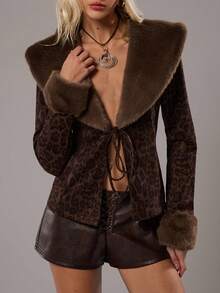 SHEIN TRNDY 1 件女式薄夹克，棕色豹纹拼布，人造毛皮饰边，性感深 V 领系带长袖，优雅，秋冬 - 彩色 - 查看 5