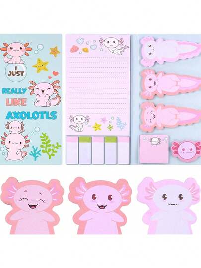 Axolotl Sticky Notes, Cute Cartoon Pastel Memo Set, Mexican Walking Fish Sticky Notes, Party Favour Gifts For Student School Supplies,School Supplies,Back To School