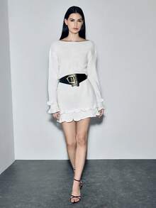 SHEIN LUNE 2025 New Stylish & Elegant French Romantic Off-Shoulder Backless Frill Trim Knit Dress - White - View 5
