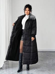 Elenzga Plus Size Women's Fashion Versatile Commute & Casual Cinched Waist Slimming Long Sleeve Thick Cotton Jacket With Detachable Fur Collar, Autumn/Winter - Black - View 8