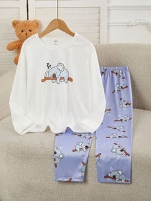 2pcs Set Piyama Kasual untuk Anak Perempuan Remaja - Celana Motif Koala Biru Muda & Atasan Lengan Panjang Leher Bulat Putih - Purple - View 3