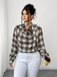 Elenzga Chemise à carreaux avec col châle pour femmes grandes tailles, automne/hiver - Marron - Voir 4