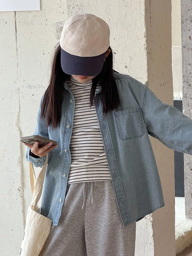 Girls Denim Lapel Long Sleeve Top