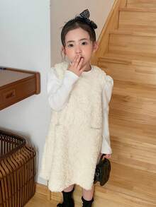 DAZY Girls Plain Apricot Polyester Sleeveless Dress With Round Neck And Zipper Detail For Winter - Apricot - View 3