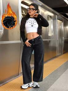 SHEIN PETITE 秋冬保暖内衬宽松斜口袋直筒牛仔裤 - 黑色 - 查看 3