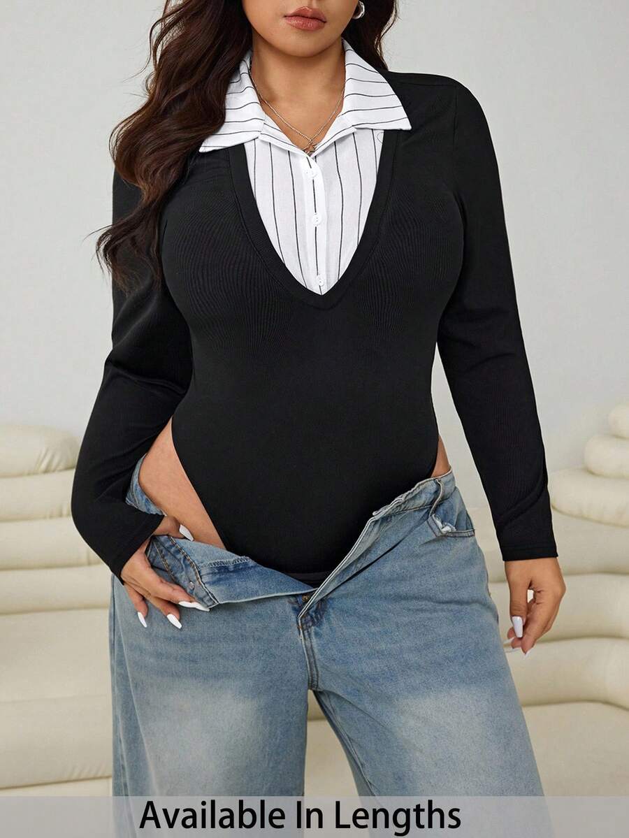 SHEIN PETITE CURVE Plus Size Black Turtleneck Long Sleeve Bodysuit - Black - View 1