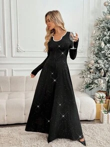 SHEIN LUNE 魅力派对黑色水钻连体裤，女士特殊领口长袖阔腿连体裤，适合圣诞节、新年派对、商务通勤