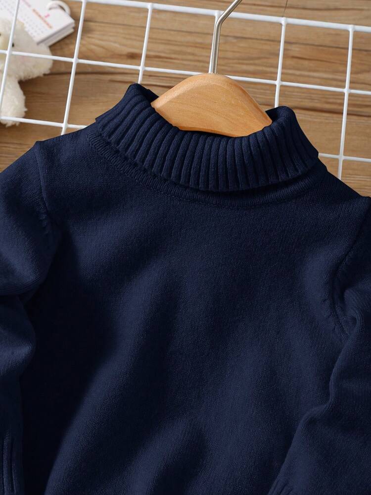 SHEIN 2pcs Baby Boy/Girl All-Match Versatile Loose Fit Soft Comfortable Turtleneck Sweater And Pants Set, Suitable For Autumn/Winter - Navy Blue - View 4