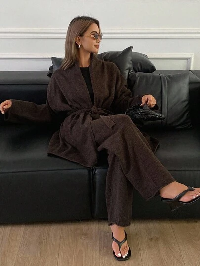 Livesso 女式宽松卡其色上衣和休闲裤针织两件套，秋季