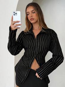 Aloruh 女式优雅条纹纽扣收腰衬衫 - 黑色 - 查看 7