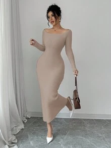 Elenzga 女式纯色露肩露背蝴蝶结修身优雅针织连衣裙，秋冬 - 杏色 - 查看 4