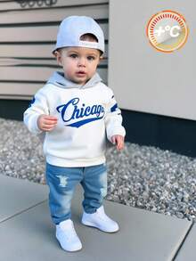 SHEIN 2pcs/Set Baby Boys Thermal Lined Crew Neck Sweatshirt And Denim Pants Outfit, Comfortable Casual Cute Letter Graphic Basic Sporty Suit, Suitable For Indoor, Outdoor, Daily Wear, Sports, Play, Party Holidays In Autumn/Winter Fall Baby Street Wear Baby Boy Clothes Letterman Baby Boy Hoodie Set