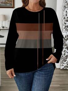 EMERY ROSE 大码女式休闲条纹全印花长袖 T 恤，适合秋冬季