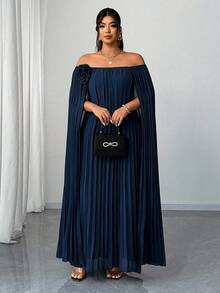 Elenzga Robe élégante à manches cape épaules dénudées avec plissé floral 3D pour femmes grande taille - Bleu marine - Voir 5