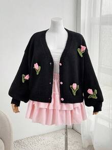 Sweetra 加大码女针织衫纯色针织开衫休闲优雅设计感手工编织郁金香花朵单排扣宽松休闲毛衣长袖外套女外套女大衣针织衫秋冬修身长袖针织衫女针织衫 - 黑色 - 查看 4