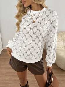 Easowa Women's Geometric & Letter Print Knit Pullover T-Shirt, Casual Loose Elegant Commuter Vintage Style Long Sleeve Top White Blouse White Sweater White Long Sleeve Top White Knit Top Autumn Winter Clothes For Women