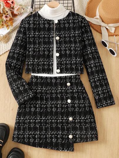 SHEIN 3 件套青少年女孩都市时尚外套套装，包括长袖夹克、高领上衣和黑白迷你裙，适合派对、郊游、春节