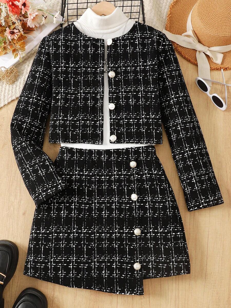 SHEIN 3 件套青少年女孩都市时尚外套套装，包括长袖夹克、高领上衣和黑白迷你裙，适合派对、郊游、春节 - 黑與白 - 查看 1