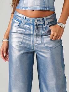 MISSGUIDED 金属阔腿牛仔裤 Y2K 节日派对牛仔裤迪斯科狂欢俱乐部下装闪亮时尚高腰裤节日派对装 - 銀色 - 查看 4