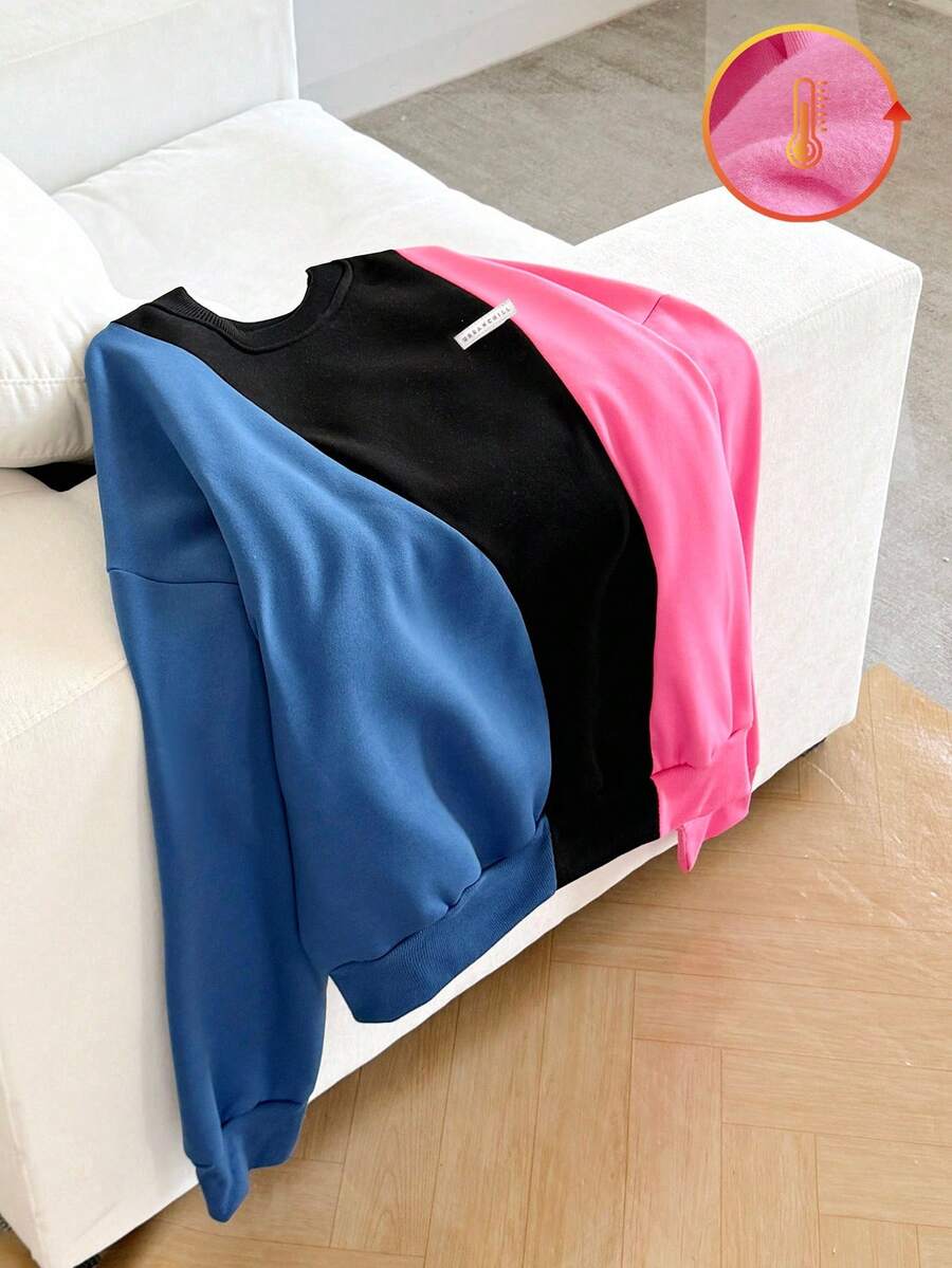 Manfinity Unisex Men's Casual Pullover Sweatshirt, Colorblock Round Neck Long Sleeve, Plain Style, For Fall, Winter - Multicolor - View 1