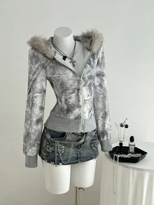 Elamini Damska szara, patchworkowa, futrzana bluza z kapturem i zamkiem błyskawicznym, luźny sweter na jesień/zimę, odpowiedni do noszenia na co dzień, do szkoły, na uroczystość ukończenia szkoły, na ulicę w stylu retro, do dojazdów do pracy, na czas wolny, do sportu i do domu