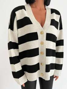 EURMUSE 條紋圖案落肩袖開襟衫