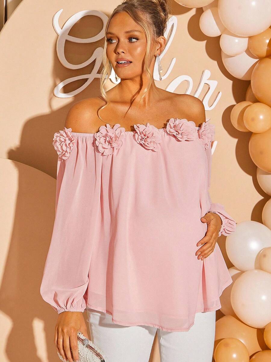 Loomaby 优雅纯色露肩孕妇派对衬衫，3D花卉装饰 - 粉色 - 查看 1