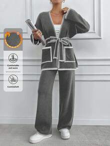 EURMUSE 2pcs Set Contrast Trim Pocket Drawstring Knitted Cardigan And Pants - Grey - View 1
