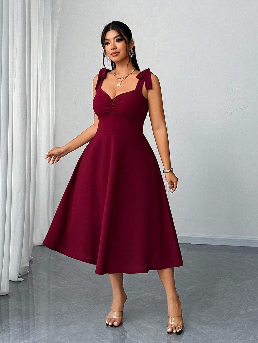 Elenzga Plus Size Women's Elegant Romantic Ruched A-Line Camisole Dress, Red, Spring/Autumn - Burgundy - View 1