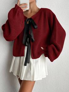 EURMUSE Women's Dropped Shoulder Long Sleeve Bowknot Knit Cardigan - Burgundy - View 6