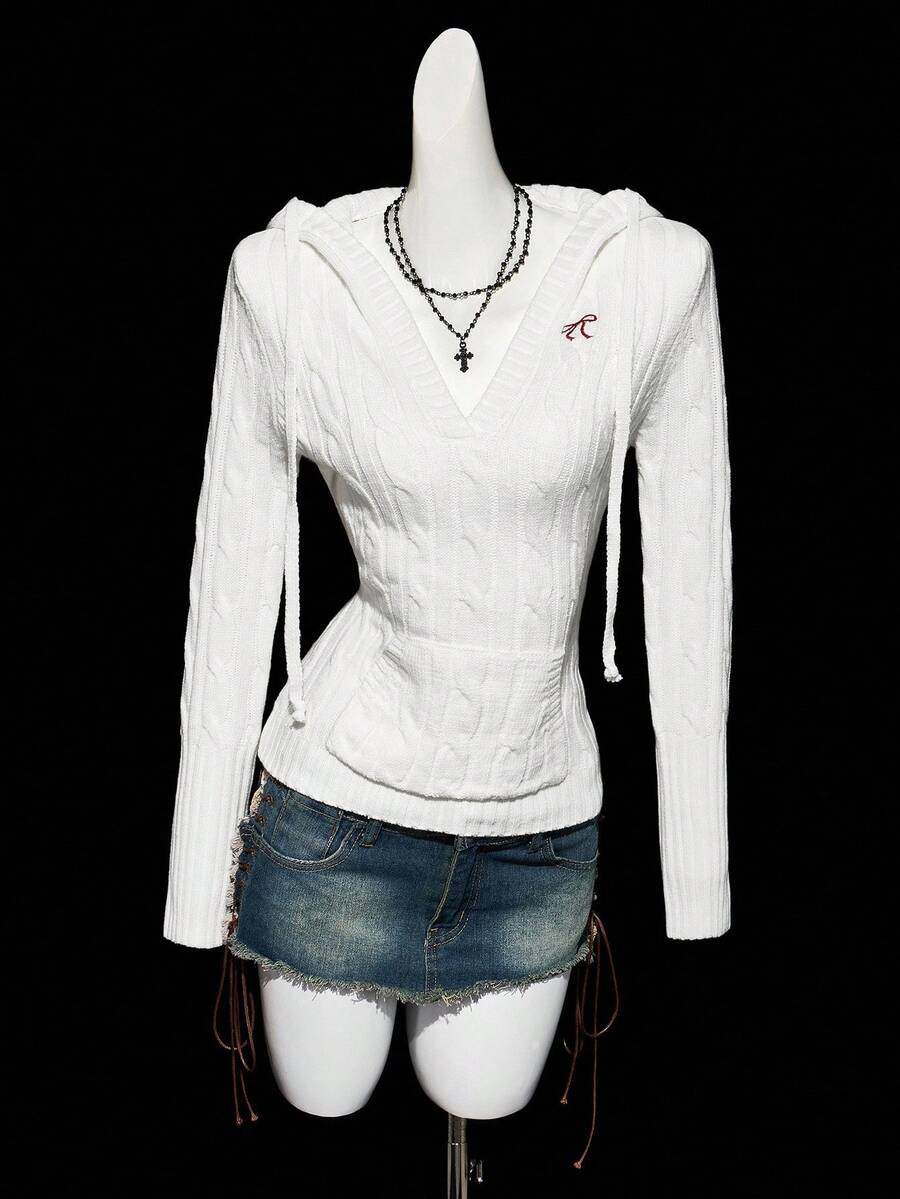 SHEIN ICON 女式休闲通勤蝴蝶结刺绣 V 领抽绳连帽修身麻花针织毛衣，秋冬 - 白色 - 查看 1