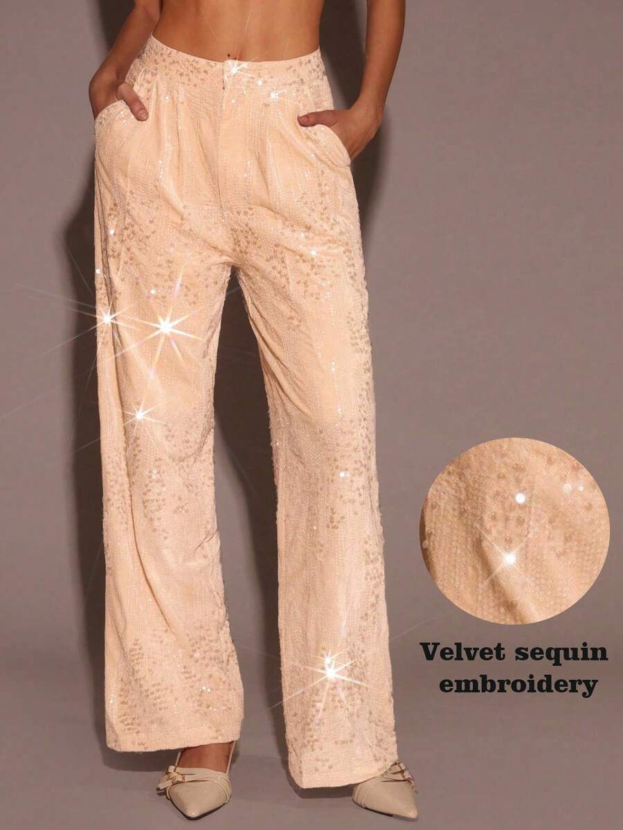 SHEIN Glamour Pantalones anchos de vestir con bolsillos con lentejuelas color albaricoque para mujer, pantalones elegantes y versátiles para la oficina, el trabajo y las citas, pantalones anchos para mujer, pantalones de traje para mujer - Albaricoque - Ver 1