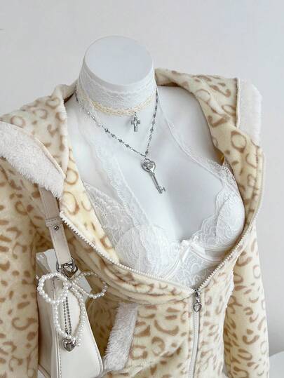 Elamini 一件柔软保暖内衬卫衣外套，撞色设计，豹纹印花，心形拉链，女士休闲街头风，秋冬款