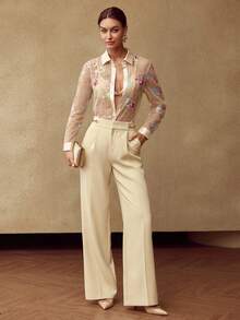 MOTF PREMIUM 花卉刺绣透明衬衫 - 杏色 - 查看 5