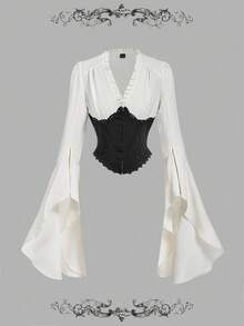 SHEIN MOD Áo sơ mi tay chuông phối màu đen bó eo cho nữ, Thu/Đông, Lễ Tạ ơn, Trang phục Halloween cho nữ, Thường ngày cho nữ, Áo cánh Gothic, Phương Tây, Đồng quê - Đen và trắng - Xem 1