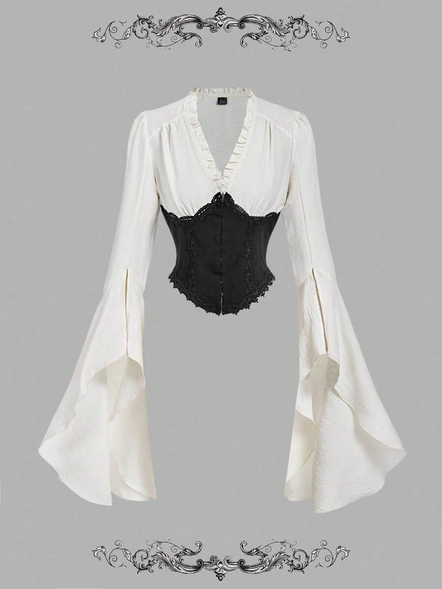 SHEIN MOD Áo sơ mi tay chuông phối màu đen bó eo cho nữ, Thu/Đông, Lễ Tạ ơn, Trang phục Halloween cho nữ, Thường ngày cho nữ, Áo cánh Gothic, Phương Tây, Đồng quê - Đen và trắng - Xem 1
