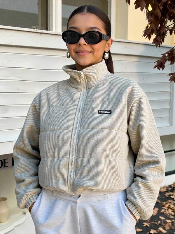 Teen Girl Casual All-Match Versatile Daily School Autumn/Winter Stand Collar Drop Shoulder Corduroy Quilted Short Padded Coat Fall