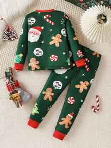 SHEIN 2 sztuki/zestaw chłopięcy zielony piernikowy ludzik świąteczny kolor miękki polar o wysokiej elastyczności długi rękaw top i spodnie dopasowany zestaw domowy