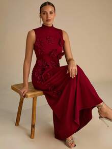 Enchnt Rochie romantică vișinie, fără mâneci, cu ornamente florale 3D, perfectă pentru toamnă și iarnă. Elegantă și stilată, este potrivită pentru petreceri, întâlniri, sărbători, absolviri, ieșiri în oraș, Halloween, Crăciun și alte ocazii. (Ținute de toamnă pentru femei, costume de toamnă, carnaval, ținute de Revelion pentru femei) - roșu - Vizualizare 2