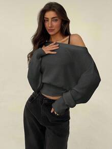 Aloruh Beige Oversized Floral Asymmetric Shoulder Romantic Loose Knit Sweater, Autumn/Winter,Cozy Fall And Winter Clothes For Women,Fall,Fall Clothes For Women - Dark Grey - View 4